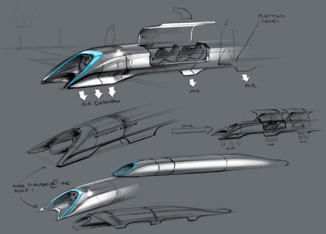 E.Musko iliustr./Transporto sistema „Hyperloop“ keleivius gabentų kapsulėmis, kurios skrietų beveik garso greičiu sumažinto slėgio atmosferoje, palaikomoje sandarių vamzdžių sistemoje.