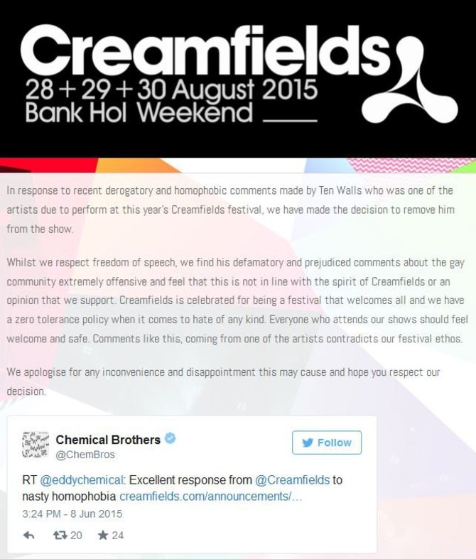 Festivalis „Creamfields“ paskelbė apie atšauktą Ten Walls pasirodymą