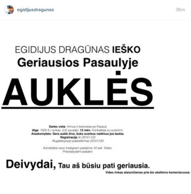 Instagram nuotr./Egidijaus Dragūno skelbimas dėl auklės