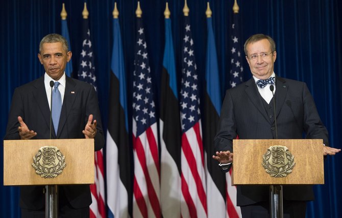 AFP/„Scanpix“ nuotr./JAV prezidentas Barackas Obama ir Estijos prezidentas Toomas Hendrickas Ilvesas