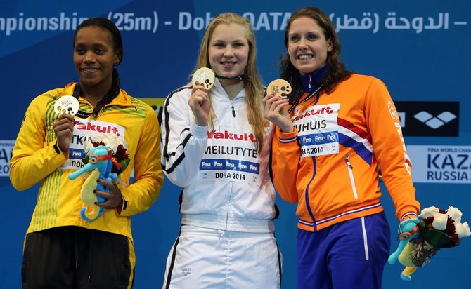 AFP/„Scanpix“ nuotr./Alia Atkinson, Rūta Meilutytė ir Moniek Nijhuis