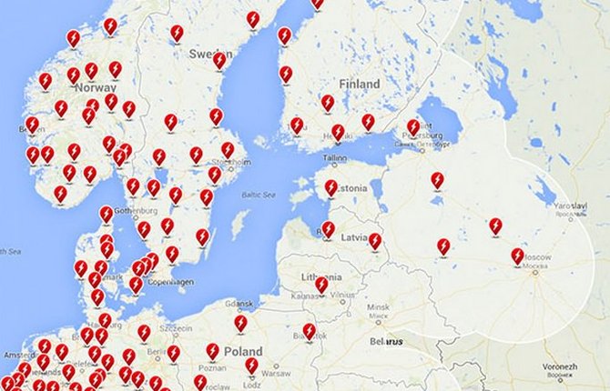 „Idėjų parkas“ nuotr./Planuojamas „Tesla“ tinklas Baltijos jūros regione 2016 m.