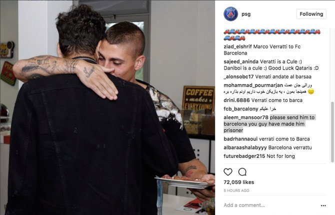 PSG klubo „Instagram“ paskyroje – „Barsos“ sirgalių raginimai parduoti Marco Verratti