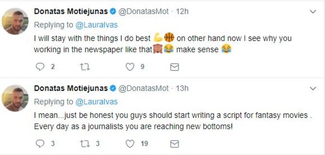 Twitter.com/Donato Motiejūno „Twitter“ žinutė sporto žurnalistei