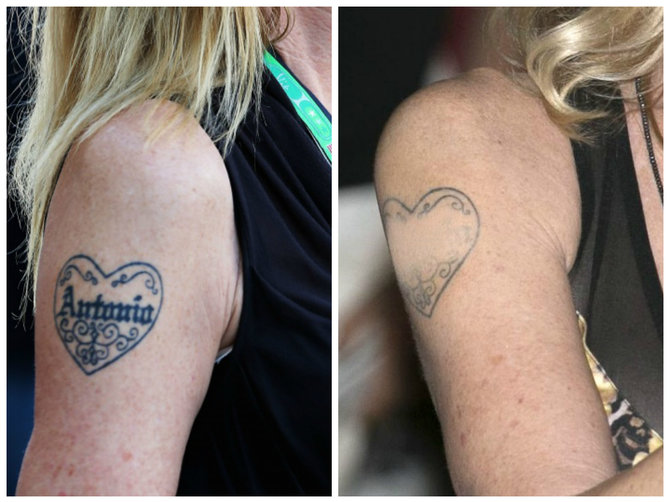 „Scanpix“/AFP ir AOP nuotr./Melanie Griffith tatuiruotė anksčiau ir dabar