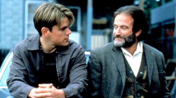 Kadras iš filmo/Mattas Damonas ir Robinas Williamsas filme „Gerasis Vilas Hantingas“