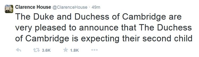 „Twitter“ įrašas/Klarenso rūmų pranešimas apie antrąjį Kembridžo hercogienės Catherine nėštumą
