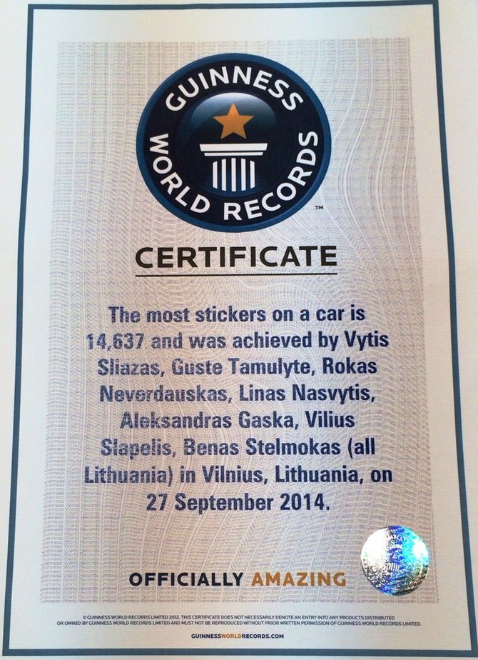 Guinnesso rekordų knygos sertifikatas