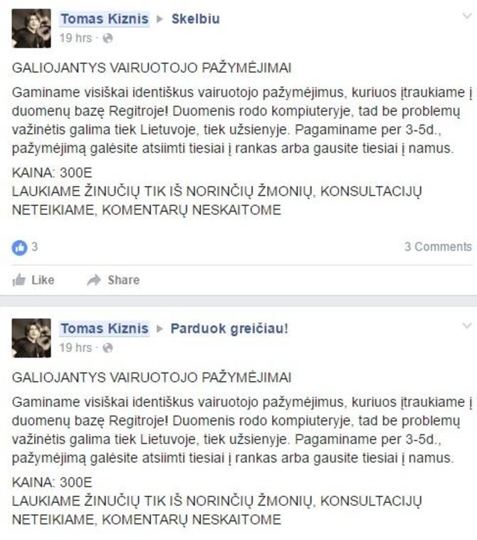 Netikrus pažymėjimus parduodančio žmogaus skelbimas