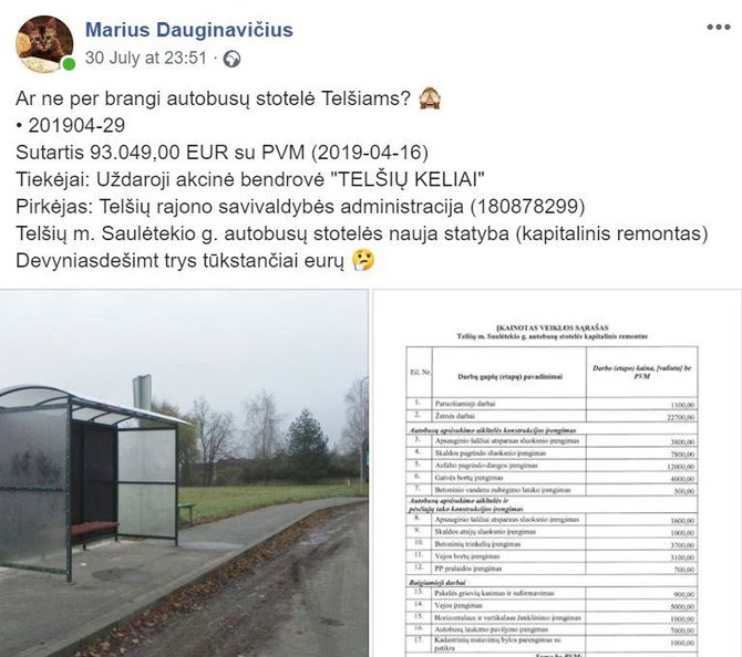 Informacija feisbuke apie autobusų stotelę Telšiuose