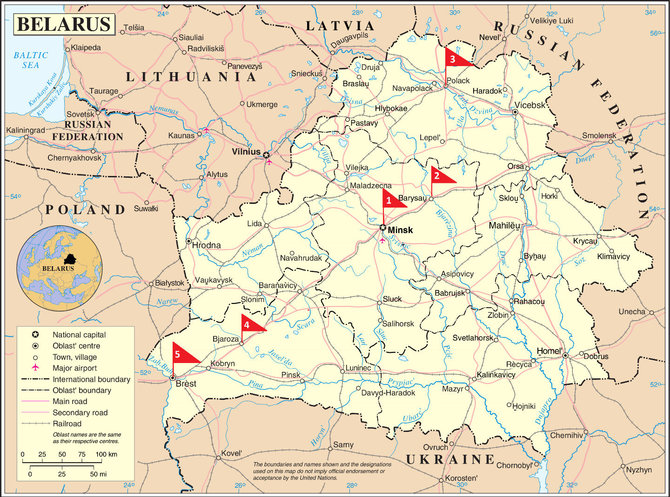 Baltarusijos žemėlapis su pažymėtais REK daliniais. (1 — REK gen. štabas (Minskas), 2 – 244 REK žvalgybos centras, 10 REK-N batalionas (Barysavas), 3 – 228 REK pulkas (Polockas), 4 –1 6 REK pulkas (Biaroza), 5 – 48 REK-N batalionas (Brestas))