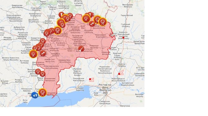 Ketvirtadienio apšaudymų Rytų Ukrainoje žemėlapis