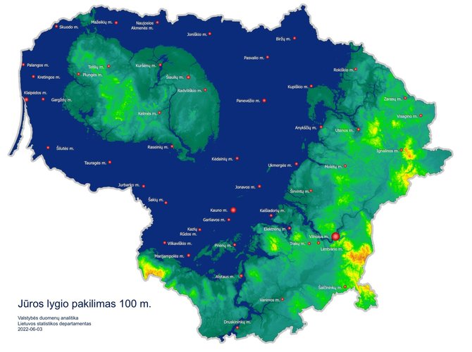 Statistikos departamento žemėlapis/Lietuvos žemėlapis esant 100 m jūros lygio pakilimui.