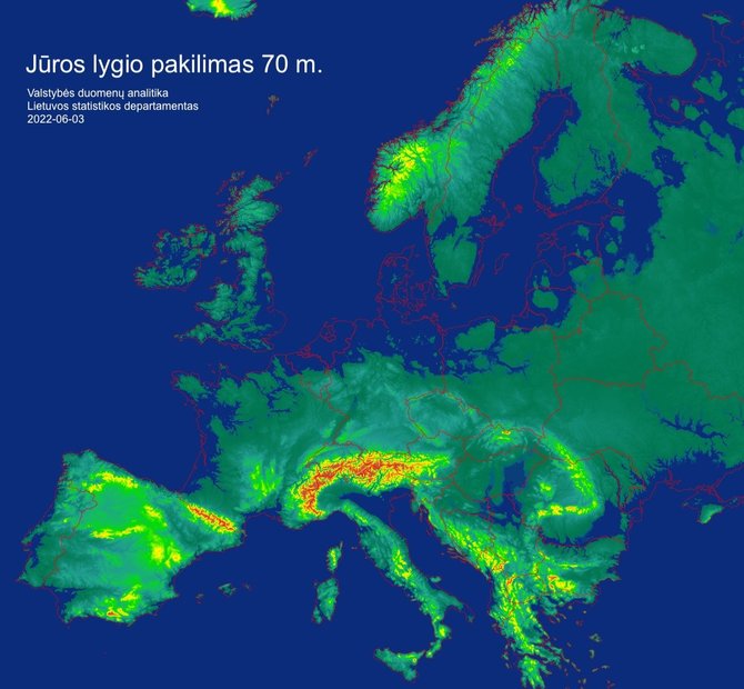 Statistikos departamento žemėlapis/Europos žemėlapis esant 70 m jūros lygio pakilimui.