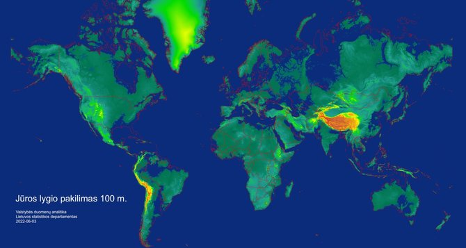 Statistikos departamento žemėlapis/Pasaulio žemėlapis esant 100 m jūros lygio pakilimui.