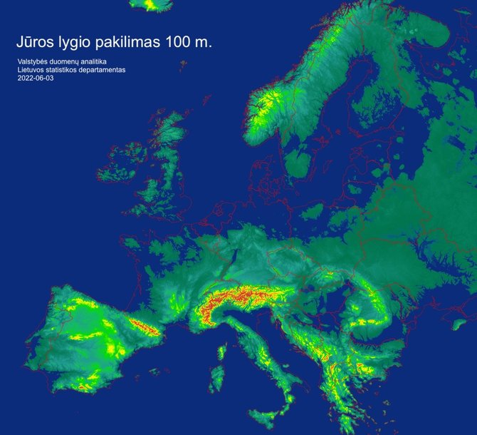 Statistikos departamento žemėlapis/Europos žemėlapis esant 100 m jūros lygio pakilimui.