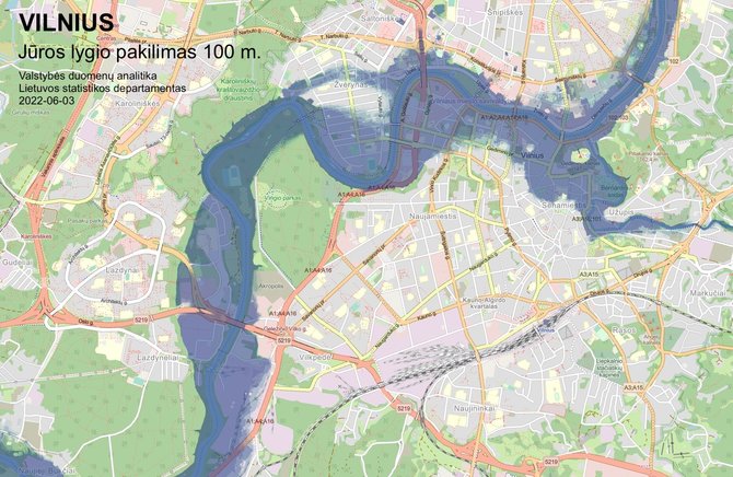 Statistikos departamento žemėlapis/Kaip pasikeistų Vilnius, jeigu jūros lygis pakiltų 100 metrų