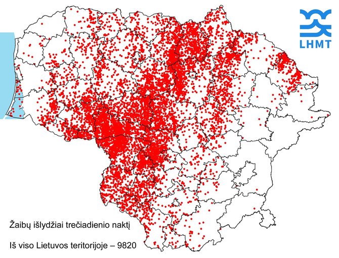 Lietuvos hidrometeorologijos tarnybos žemėlapis/Žaibų išlydžiai trečiadienio naktį
