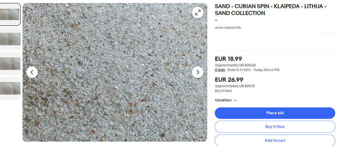 Ekrano nuotrauka iš „Ebay“/Už 40-50 gramų smėlio iš Kuršių nerijos kolekcininkų prašoma mokėti nuo 19 eurų.