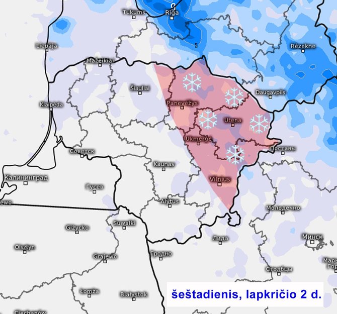 „Meteorologix“ žemėlapis/Sniegas iki šeštadienio vakaro. Daugiausia to bus Latvijoje, bet ir iki mūsų atklys snaigių ar sniego kruopų.