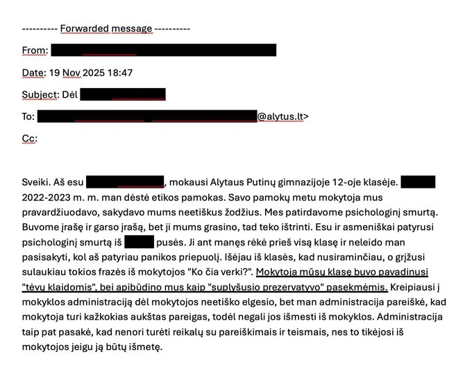 Moksleivio skundas dėl mokytojos elgesio