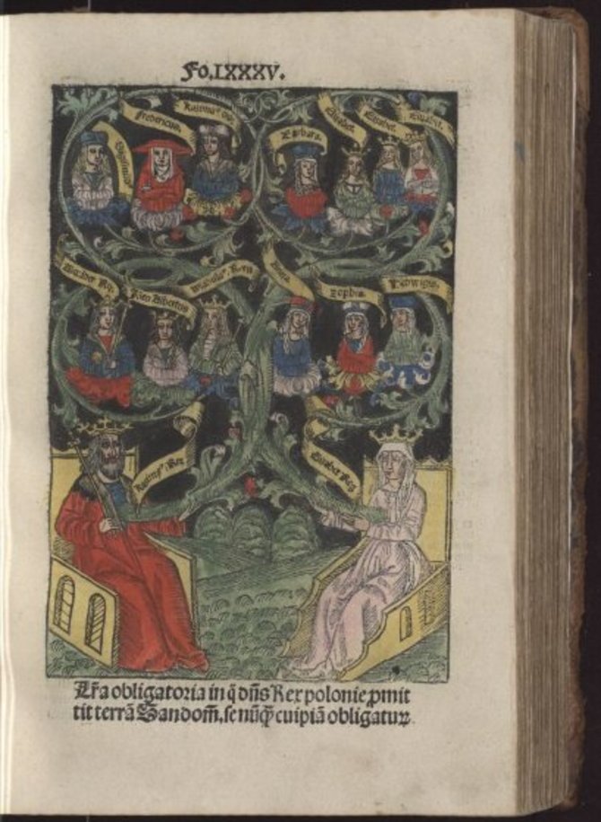 polonia.pl nuotr./Kazimiero Jogailaičio ir Elžbietos Habsburgaitės šeima, 1506 m. spalvotas medžio raižinys