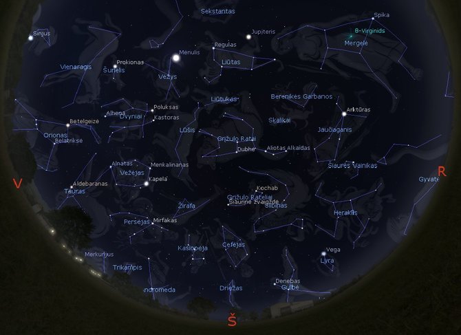 „Stellarium“ simuliacija/Žvaigždynai Lietuvos danguje balandžio 15 d.22 val. 