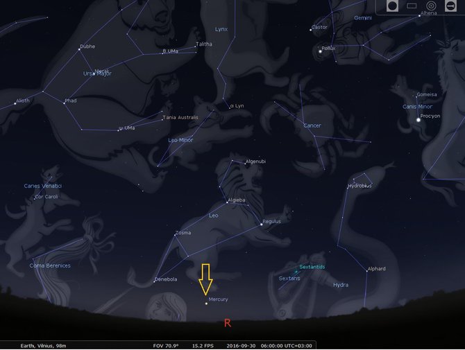 STELLARIUM programos simuliacija/Nr.11. Merkurijus rugsėjo pabaigoje virš rytų horizonto prieš Saulės patekejimą 