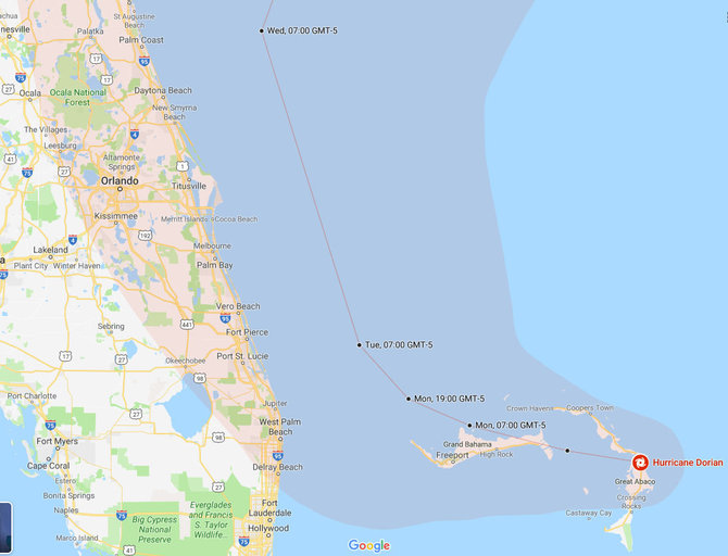 „Google maps“/Uragano Dorian judėjimo kryptis