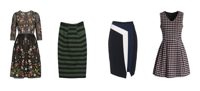 Gamintojų nuotr./Iš kairės: „Needle & Thread“ suknelė, „Burberry London“ žalias dryžuotas sijonas, Peter Pilotto sijonas, „Chichwish“ suknelė.