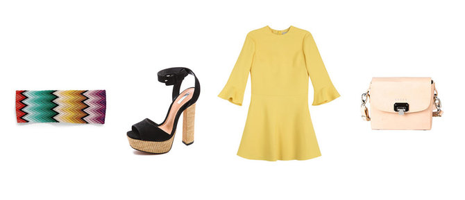 Gamintojų nuotr./„Missoni“ raištis plaukams, „Shopbop“ basutės, geltona „Valentino“ suknelė, pastelinis rausvas „Boticca“ rankinukas.