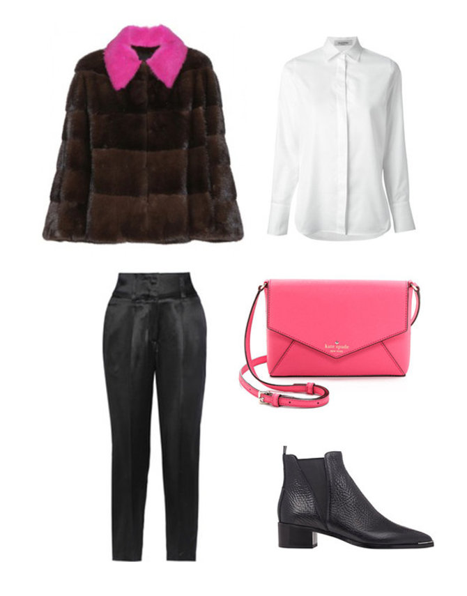 Gamintojų nuotr./Trumpi „Blancha“ kailiniai su rožine spalva dažyta apykakle, šilkinės „Givenchy“ kelnės, stačiakampės formos „Kate Spade“ rankinukas, „Acne Studios“ batai su nedidele pakulne.