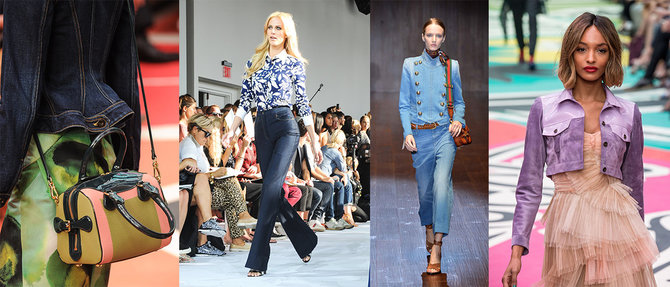 „Scanpix“ nuotr./Iš kairės: „Burberry Prorsum“ džinsinio švarko fragmentas, Diane Von Furstenberg , „Gucci“, „Burberry Prorsum“ 2015 m. pavasario – vasaros kolekcijų modeliai.