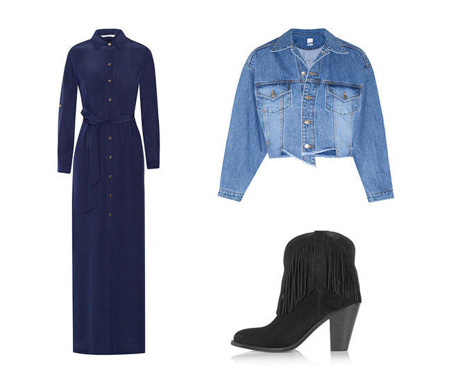 Gamintojo nuotr./Koliaže: tamsiai mėlyna „Diane von Furstenberg“ kiniško šilko suknelė, „Saint Laurent“ botai su kutais ir nedideliu kulnu, „Steve J & Yoni P“ džinsinis švarkelis.