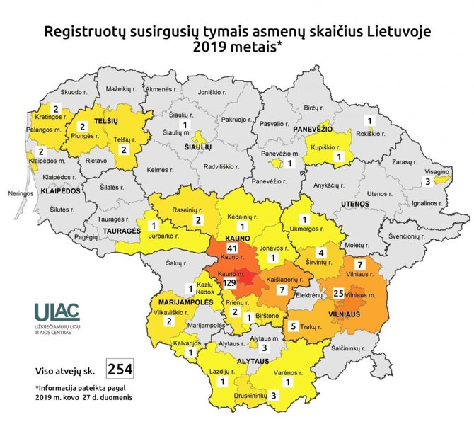 ULAC nuotr./Tymų žemėlapis Lietuvoje, kovo 27 d.