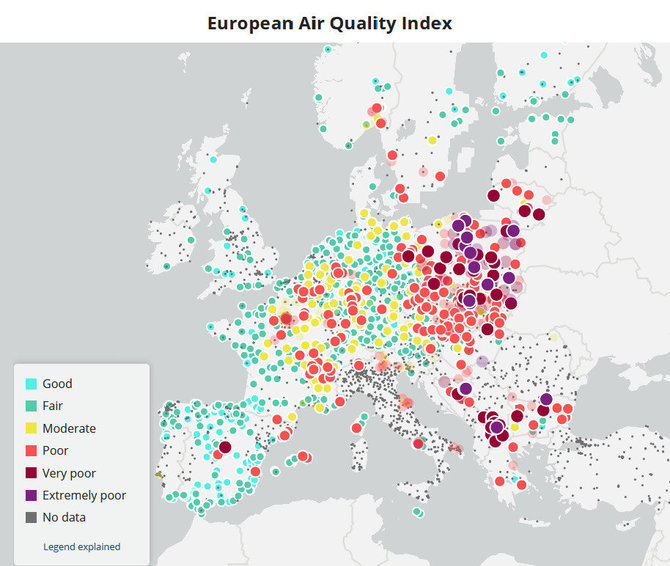 Nuotrauka iš Aplinkos apsaugos agentūros feisbuko/Europos oro užterštumo žemėlapis