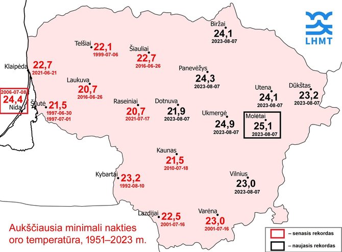 LHMT nuotr./Lietuvos temperatūros rugpjūčio 6–7 d. naktį žemėlapis