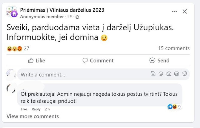 Skelbimas apie vietos darželyje pardavimą