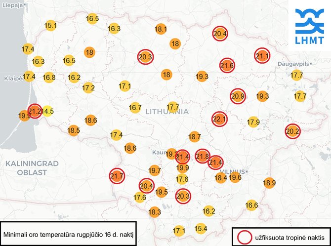 LHMT nuotr./Rugpjūčio 16-osios nakties temperatūra
