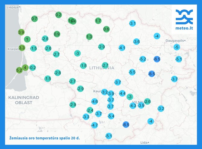 meteo.lt nuotr./Spalio 20-osios nakties temperatūros žemėlapis