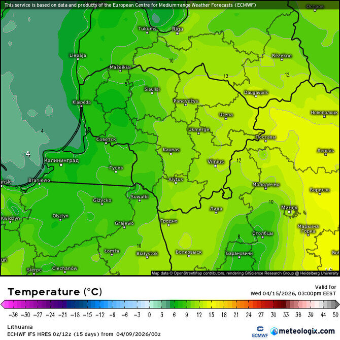 Meteologix.com nuotr./Balandžio 15 d. temperatūros prognozių žemėlapis