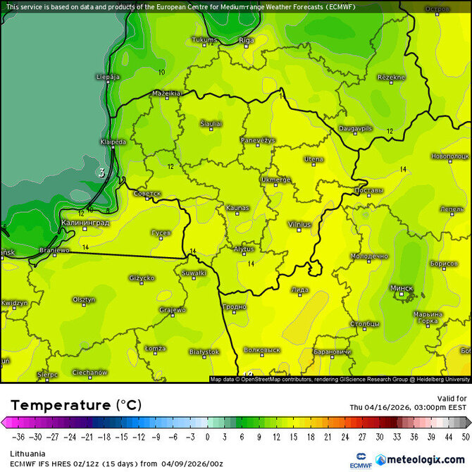 Meteologix.com nuotr./Balandžio 16 d. temperatūros prognozių žemėlapis