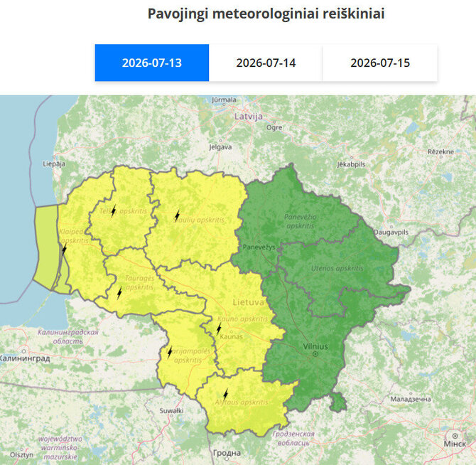 meteo.lt nuotr./Įspėjimai dėl pavojingų reiškinių liepos 13 d.