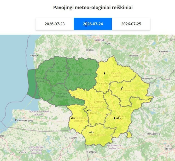 Meteo Lt nuotr./Įspėjimas dėl rūko ir perkūnijos liepos 24 dienai