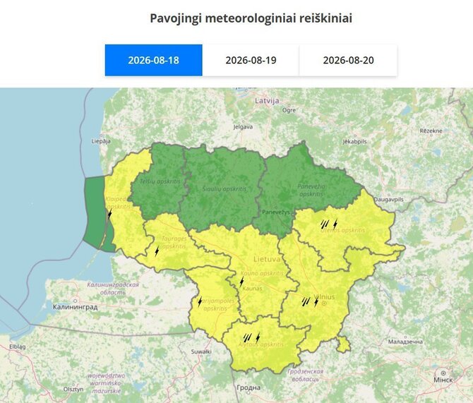 Meteo Lt nuotr./Įspėjimai rugpjūčio 18 d.