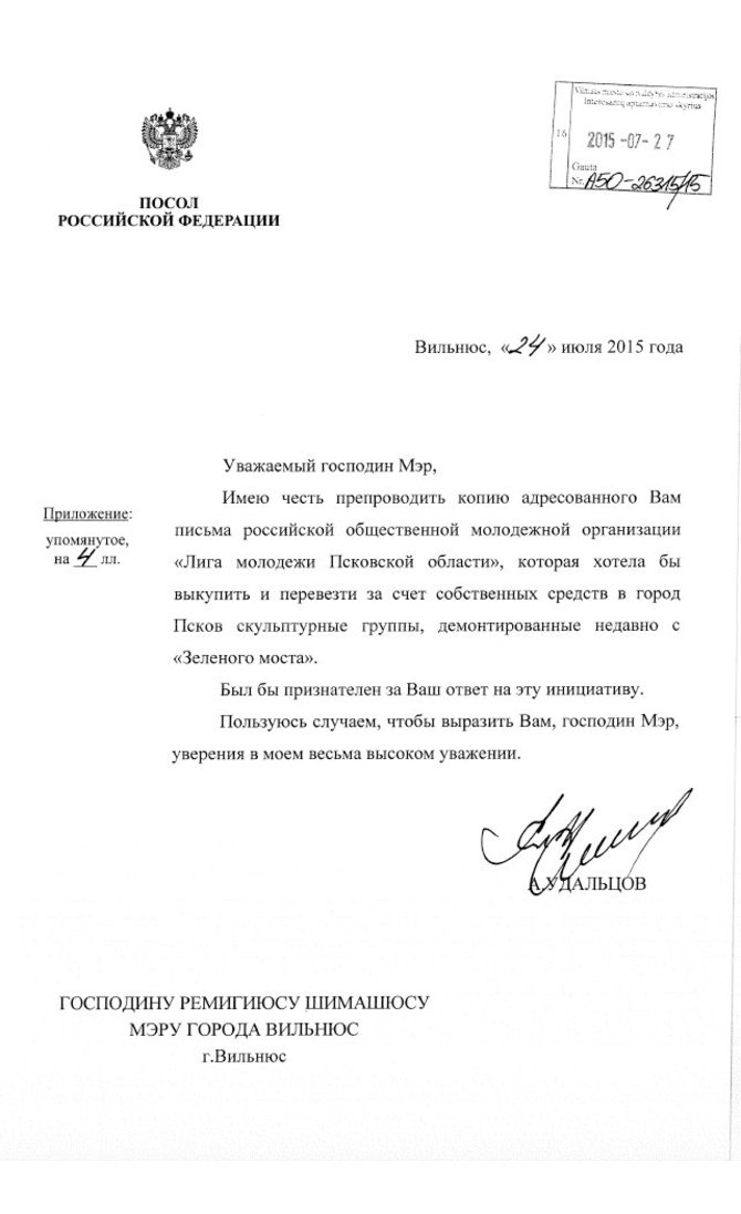 A.Udalcovo laiškas Vilniaus merui Remigijui Šimašiui