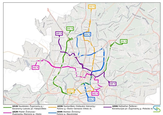 „Susisiekimo paslaugų“ schema/Bendra naktinių autobusų schema