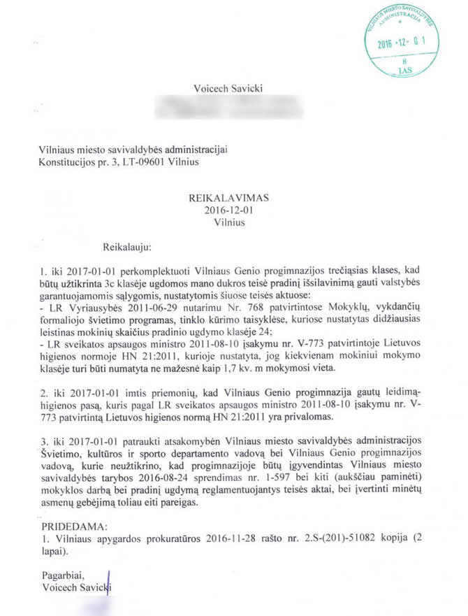 Voicecho Savickio reikalavimų Vilniaus m. savivaldybei sąrašas