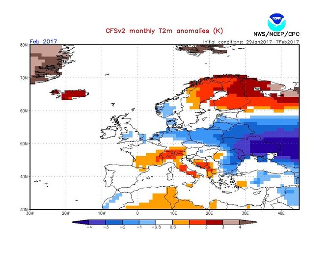 noaa.gov nuotr./NOAA temperatūros prognozės vasario mėnesiui žemėlapis