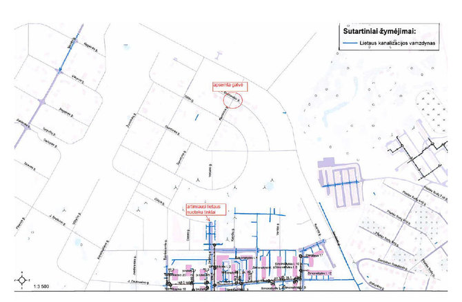 Plane pažymėta vietovė, kurioje yra lietaus semiama gatvė ir artimiausi lietaus nuotekų tinklai. 